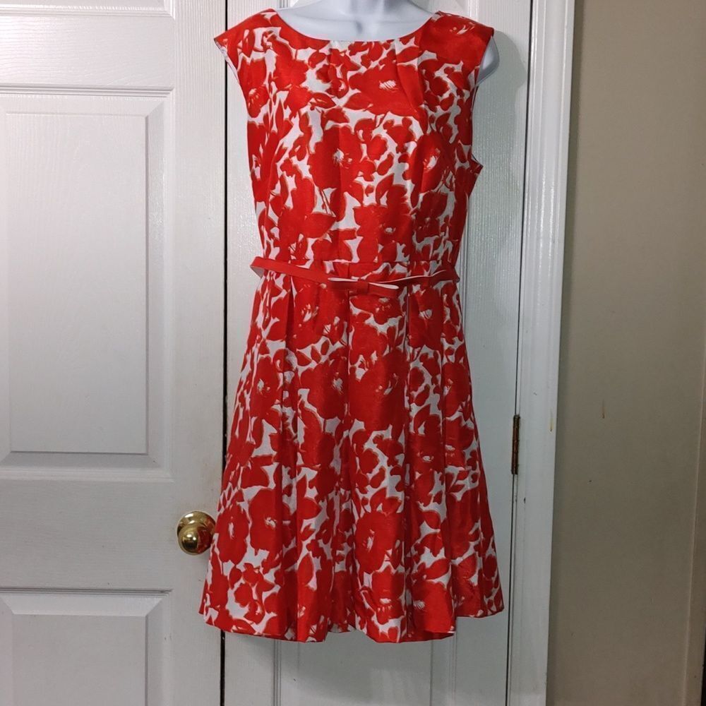 Danny and Nicole red white floral print sleeveless belted dress Sz 14